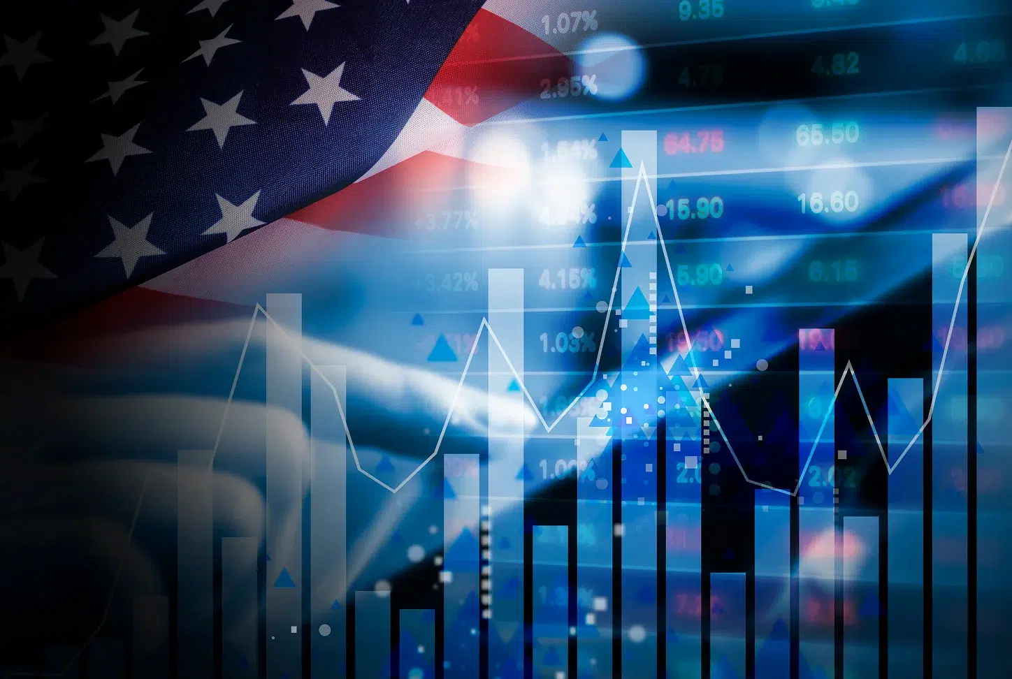 American flag with stocks and bar and line graphs